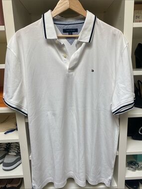 Tommy Hilfiger - White Polo with Navy Stripe Trim. XL.  Like NEW.